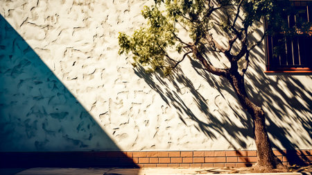 Man riding skateboard down sidewalk next to tree and wall. Generative AI.の素材
