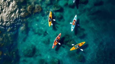 Group of people in kayaks paddling on the water near rocks. Generative AI.の素材