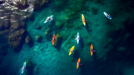 Group of people riding kayaks on top of body of water. Generative AI.の素材