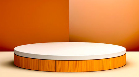 Round wooden table with white top on white floor with orange wall in the background. Generative AI.の素材