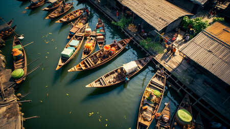 Number of small boats in body of water near building with roof. Generative AI.の素材