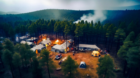 Group of tents sitting in the middle of forest next to forest fire. Generative AI.の素材