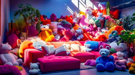Room filled with lots of stuffed animals on top of pink couch. Generative AI.の素材
