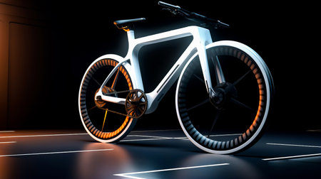 White bicycle with orange spokes on dark surface with black background. Generative AI.の素材