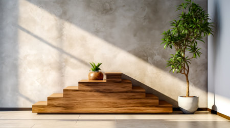 Potted plant sitting on top of wooden step next to potted plant. Generative AI.の素材