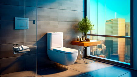 Bathroom with toilet and plant in the corner of the room. Generative AI.の素材
