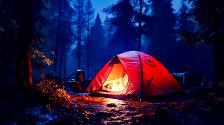 Red tent sitting in the middle of forest next to fire. Generative AI.の素材