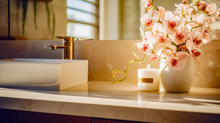 Bathroom counter with vase of flowers and soap dispenser. Generative AI.の素材