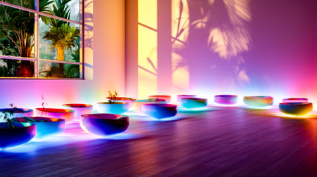 Group of bowls sitting on top of wooden floor next to window. Generative AI.の素材