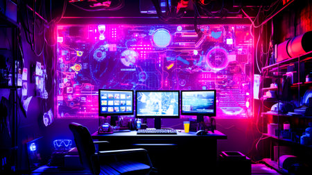 Computer desk with two monitors and keyboard in front of colorful background. Generative AI.の素材