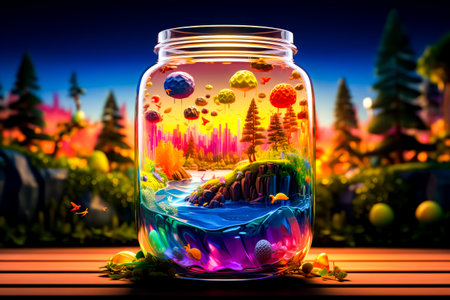 Glass jar filled with water and painting of landscape inside of it. Generative AI.の素材