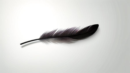 Single black feather resting on white surface with reflection of it's wing. Generative AI.の素材