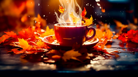 Cup of coffee on saucer surrounded by autumn leaves and falling leaves. Generative AI.の素材