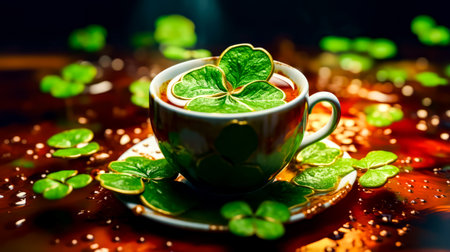 Cup of tea with four leaf clover on the top of it. Generative AI.の素材
