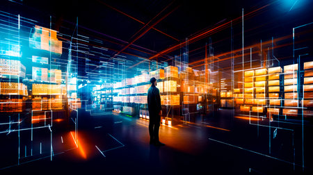 Man in suit standing in front of large display of boxes. Generative AI.の素材