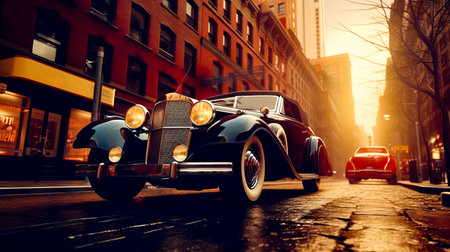 Vintage car driving down city street in front of red car. Generative AI.の素材