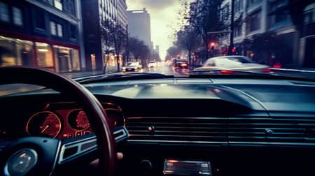 Man driving car down street next to tall buildings and traffic lights. Generative AI.の素材