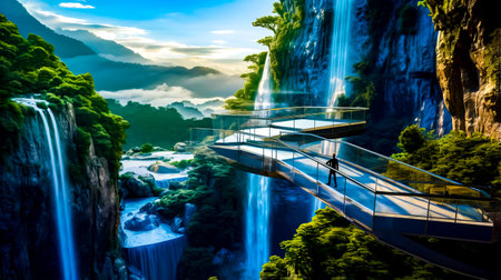 Man standing on bridge over waterfall with waterfall in the background. Generative AI.の素材