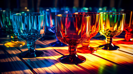 Row of colorful glass cups sitting on top of wooden table next to each other. Generative AI.の素材