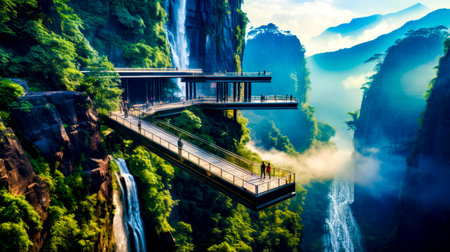 Couple of people walking across bridge over river next to waterfall. Generative AI.の素材