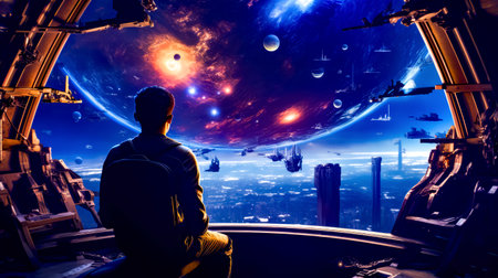 Man sitting in front of window looking at space filled with planets. Generative AI.の素材