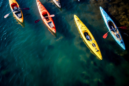 Group of kayaks floating on top of lake next to each other. Generative AI.の素材