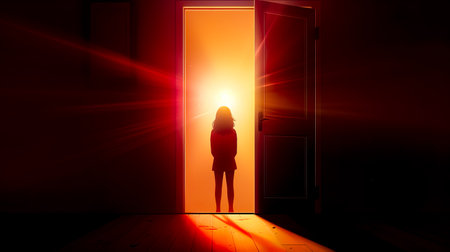 Woman standing in front of the open door with the sun shining through. Generative AI.の素材