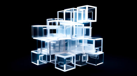 Stack of clear cubes on black background with black background. Generative AI.の素材