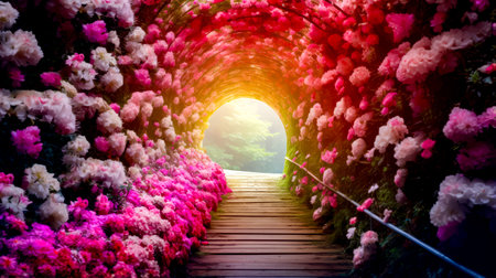 Tunnel of flowers with wooden walkway leading to the light at the end of the tunnel. Generative AI.の素材