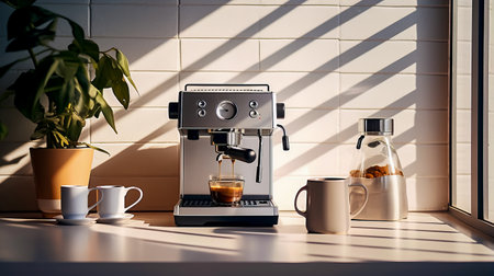 Espresso machine is on counter next to cup of coffee. Generative AI.の素材