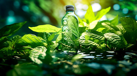Glass bottle filled with water surrounded by green leafy plants and water. Generative AI.の素材