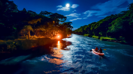 Couple of people in boat on river at night with full moon in the sky. Generative AI.の素材