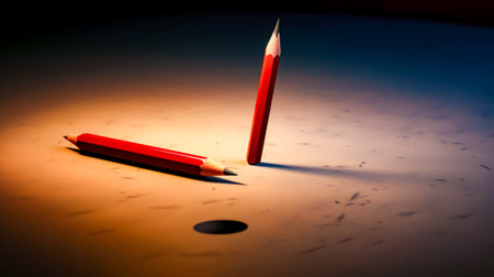 Pencil laying on top of table next to hole in the ground. Generative AI.の素材