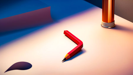 Red pencil sitting on top of table next to tube of lipstick. Generative AI.の素材