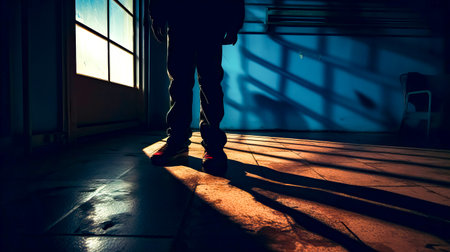 The shadow of person standing in front of window in dark room. Generative AI.の素材