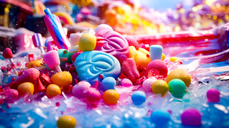 Pile of colorful candies and lollipops on table. Generative AI.の素材