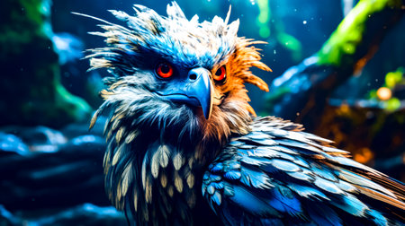 Close up of bird with red eyes and blue body of water in the background. Generative AI.の素材