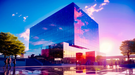 Large glass building with sky reflection on the side of the building. Generative AI.の素材