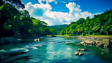 River running through lush green forest filled with lots of green trees. Generative AI.の素材