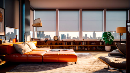 Living room with large window and couch in front of it. Generative AI.の素材