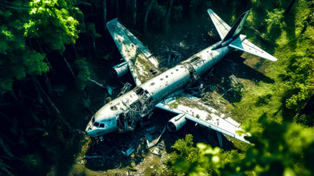 Plane that is sitting on the ground in the grass near a bunch of trees. Generative AI.の素材