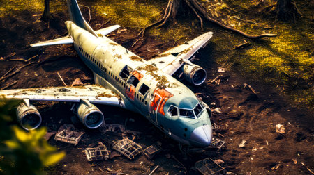 Plane that is sitting on the ground next to pile of debris. Generative AI.の素材
