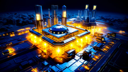 Futuristic city in the middle of the night with lot of lights. Generative AI.の素材