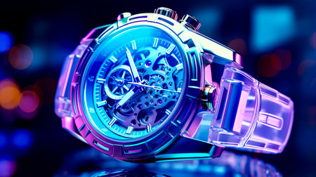 Close up of wrist watch with blue and pink color scheme. Generative AI.の素材