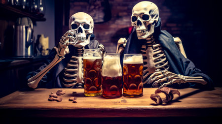 Two skeletons sitting at table with glasses of beer in front of them. Generative AI.の素材