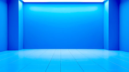 Empty room with blue wall and tiled floor and white floor. Generative AI.の素材