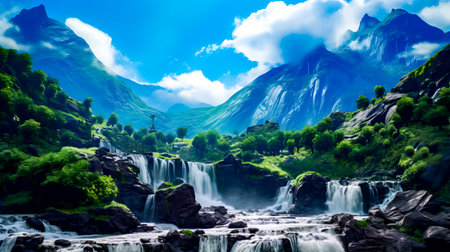 Painting of waterfall in the middle of mountain range with trees and mountains in the background. Generative AI.