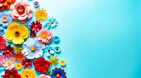 Colorful paper flowers on blue background with place for text or image. Generative AI.の素材