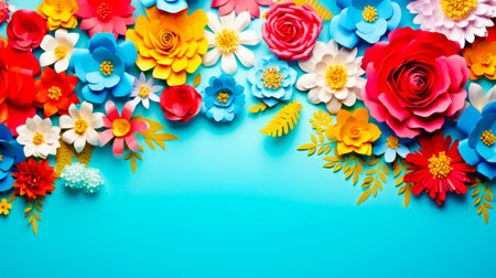 Paper flowers on blue background with place for text or image. Generative AI.の素材