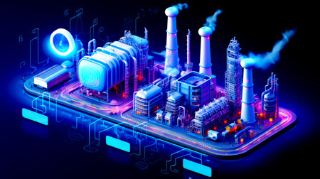 Factory with lot of smoke coming out of it's stacks. Generative AI.の素材